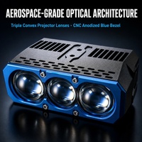 Projecteur LED à trois lentilles avec cadre bleu anodisé CNC, deux ventilateurs de refroidissement actifs, lumière de conduite tout-terrain haute puissance pour camion 4x4