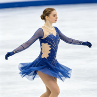 Robe de patinage bleu roi à col rond, manches longues en maille, dos découpé avec strass pour enfants et adultes, compétition et performance