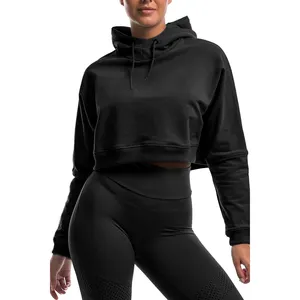 Atacado preto mulheres longas do hoodie s-Casaco de logotipo personalizado, de alta qualidade, manga longa, cropped, com capuz, de algodão, casual, para mulheres