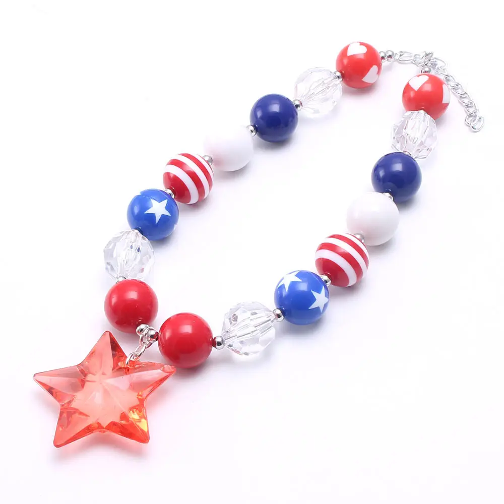 4th Of July American Pentagram Pendant Chunky Baby Necklace Handmade Jewelry Gift For Little Girl