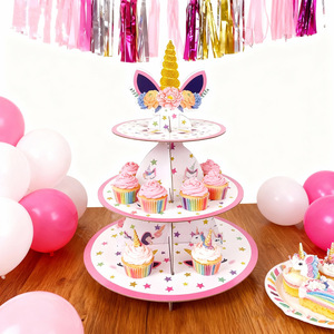 Support à gâteau en papier à trois étages sur le thème de la licorne, 37 cm, pour fête d'anniversaire, présentation de desserts, impression numérique ronde, respectueux de l'environnement - Product Image 3