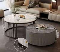 Table basse ronde moderne de luxe en pierre frittée aspect marbre avec tiroirs, rotation à 360°, meuble de salon durable