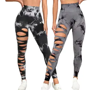 Wholesale Women Seamless Tie Dye Hole Design Sexy Leggins Fitness High Waist Peach Hip Breathable Yoga Pants
