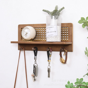 Solid Wood Rattan Storage Rack <b>Wall</b> <b>Mounted</b> Key Holder With <b>Shelf</b> For Entryway Decor Natural Color Rectangle Shape - Product Image 4