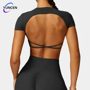 Kaus olahraga Backless kualitas tinggi grosir kustom untuk wanita kaus Crop Top Gym cepat kering