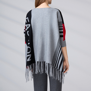 Poncho de Punto Personalizado para Mujer, con Bloques de Color y Rayas, Estampado Geométrico, con Borlas y Flecos, Manga Larga, Tipo Capa o Chal, para Invierno - Product Image 6