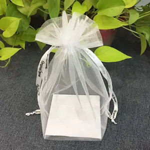 Bolsa de Organza con cordón personalizado, bolsa blanca transparente de gran tamaño con cinta de logotipo, bolsa inferior de pie para embalaje de regalos cosméticos