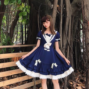 Falda Lolita Azul Marino, Corte en A, Cintura Imperio, Cuello con Lazo, Estilo Princesa, Atuendo de Verano, 60% Contenido - Product Image 1