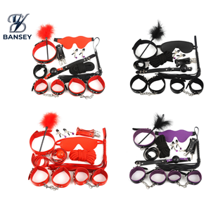 BANSEY Ensemble de bondage en cuir 10 pièces : menottes, entraves de cheville, muselière à boule, corde en coton, collier, laisse – Kit de retenue BDSM pour couples - Product Image 1