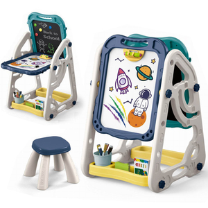 Chevalet double face pour <span class=keywords><strong>dessin</strong></span> et peinture, tableau blanc et noir, support réglable avec tabouret et marqueurs à craie, cadeau artistique pour enfants - Product Image 3