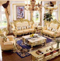 Canapé d'art combiné en cuir véritable de qualité supérieure, luxueux, de style européen, sculpté double face, en forme de U, en bois massif, pour villa
