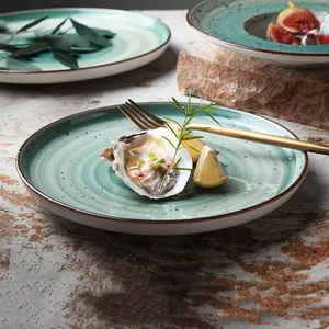 Logo personalizzabile stoviglie in ceramica colore ad alta temperatura smalto macchiato piatto in porcellana verde ristorante stoviglie in ceramica
