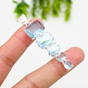 Diseñador azul Topacio piedra preciosa chapada en aspecto de plata de ley colgante hecho a mano joyería de moda regalo para mujer - Product Image 3