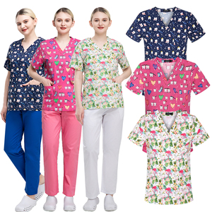 Blusa Quirúrgica al por Mayor para Mujer con Bolsillos Estampados en 3D, Camiseta de <span class=keywords><strong>Tela</strong></span> Corta de Algodón, Uniforme Médico para Enfermería - Product Image 1