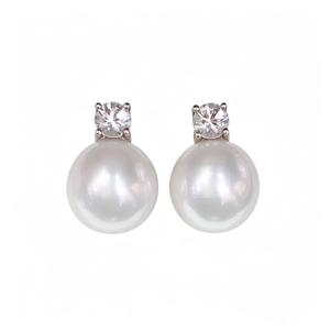 Classic Minimalist Diana Style S925 Sterling <b>Silver</b> <b>Stud</b> <b>Earrings</b> With Glossy Natural Aurora Freshwater Pearl Inlaid Clear Topaz - Product Image 1