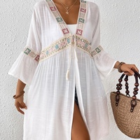 Robe de plage pour femme, 1 pièce, unie, avec broderie en dentelle, cardigan, personnalisable OEM, en polyester/coton, cache-maillot, col en V