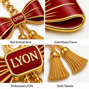 Porte-clés élégant personnalisé en métal émaillé, fabriqué en usine depuis 25 ans, avec nœud doré et pompon, breloque émail rouge, thème Lyon France, idéal pour les boutiques de souvenirs et comme cadeau de vacances - Product Image 3