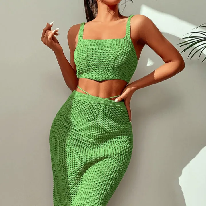 2023 Summer Custom Beachwear Crochet Vest Top Short Slim Skirt Knitted 2 Piece Suit Dress Women's Sweater