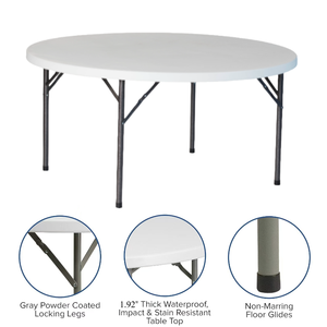 Mesa redonda plegable de plástico de 6-8 asientos, diámetro de 150cm, mesa redonda comercial portátil para interiores, exteriores, eventos, reuniones, bodas, cenas - Product Image 2