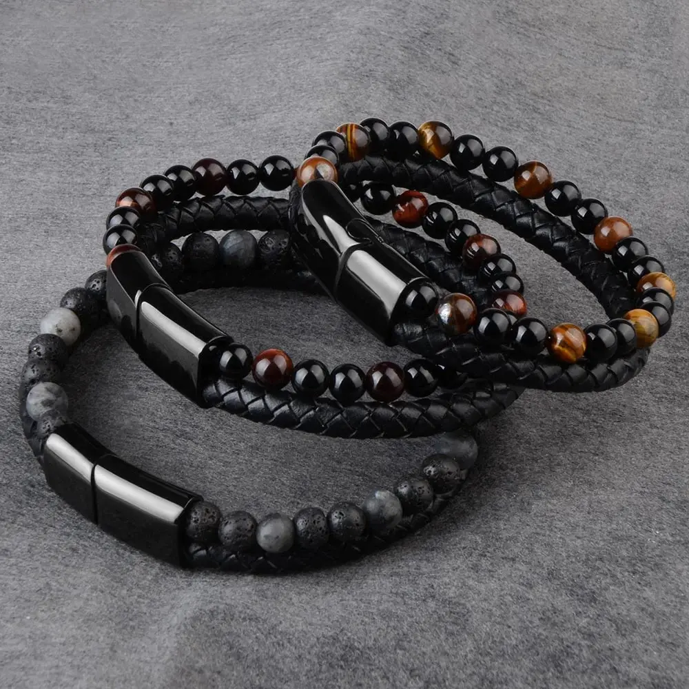 Punk Tiger Eye Lava Men Natural Stone Bead Stainless Steel Magnetic Clasp Black Genuine Leather Bracelet