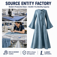 Robe midi ample personnalisée pour femme, col à nouer, manches évasées, poches plaquées, grandes tailles, usine de vêtements OEM ODM