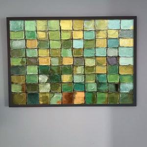 Pintura al Óleo Abstracta con Textura de Mosaico, Naturaleza Muerta Verde y Dorada, Lienzo Grande Hecho a Mano, Arte de Pared para Decoración del Hogar y Hoteles - Product Image 2