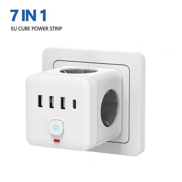 EU Desktop Power Strip Power Strip Surge Protector 3 AC Outlets 3 USB 1 Type-C Charging Station With Overload Protection