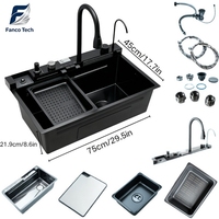 Évier de cuisine en acier inoxydable 304/201 noir mat avec rince-verre cascade, panneau intelligent, planche à découper, ensemble d'évier sous plan, garantie 5 ans