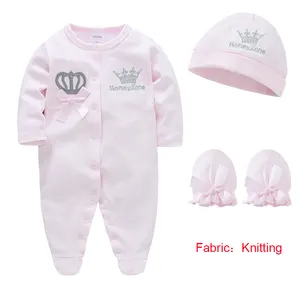 Nieuwe Aankomst Baby Meisjes Kleding 3 Stks/set Romper + Hoed + Wanten Kroon Baby Boy Jumpsuit Babykleding