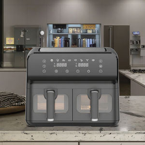 Four <span class=keywords><strong>friteuse</strong></span> à <span class=keywords><strong>double</strong></span> air 9L à écran tactile <span class=keywords><strong>Friteuse</strong></span> électrique domestique 2 paniers indépendants Four intelligent CE CB KA01004 Forme carrée - Product Image 1