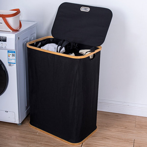 Collapsible <b>Laundry</b> Basket Black Rectangle Fabric <b>Standing</b> Type Clothing Organizer Bathroom Use Space Saving - Product Image 2