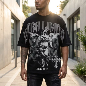 T-shirt en coton épais pour <span class=keywords><strong>homme</strong></span>, streetwear, coupe oversize, imprimé graphique vintage, motif croix graffiti noir, épaules tombantes, unisexe - Product Image 2