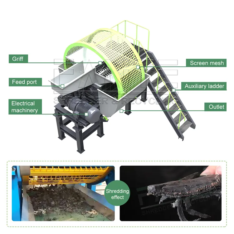 Déchiqueteuse de recyclage de coupe de pneus usagés Déchiqueteuse de pneus à double arbre