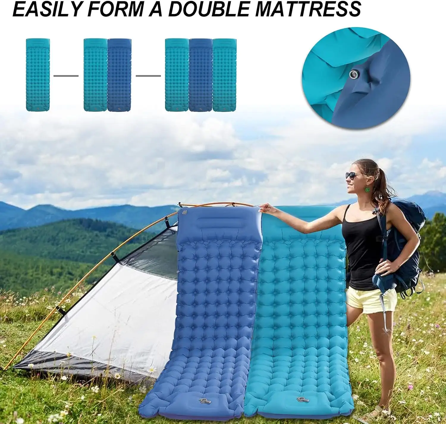 Inflatable Camping Mat  Single Air Mattress Lightweight Sleeping Pad AirBed with Pillow for Adults for Backpacking Hiking
