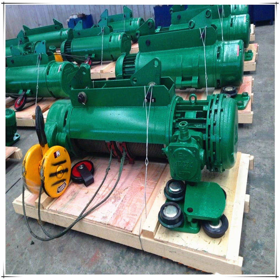 Close-up of the robust motor and gearbox on the Weiyuan HB explosion-proof hoist