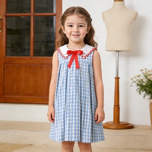 Robes d'été sans manches pour filles, en tissu à carreaux 100% coton, col brodé, robes pour bébés, vêtements personnalisés pour filles de 12 mois - Product Image 1