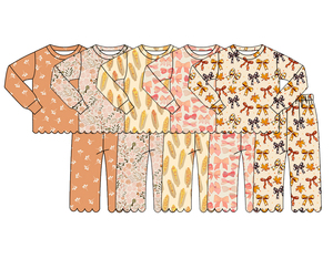 Ensembles de vêtements pour enfants personnalisés, décontractés, à motifs floraux, avec nœuds colorés, comprenant un t-shirt à manches longues et un pantalon long à jambes larges à bord festonné, pour sœurs - Product Image 2