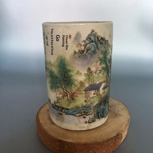 Porte-pinceaux paysager Famille-rose de la période <span class=keywords><strong>Guangxu</strong></span> de la dynastie Qing, pièce décorative antique, porcelaine vintage de style chinois, 11 cm - Product Image 1