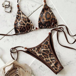 Nouvel ensemble bikini 2 pièces sexy 2026 à imprimé léopard et col halter, en Spandex/Polyester, dos nu, pour femme, idéal pour la plage - Product Image 3
