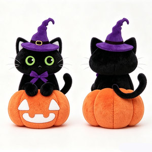 Nouvelle Peluche Personnalisée Chat Noir d'Halloween avec Chapeau de Sorcière OEM ODM, Adorable Peluche Chat Citrouille pour Enfants, Cadeaux de Fêtes - Product Image 2