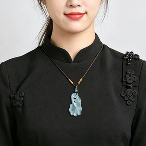 จี้ใบไม้โอ๊คสีฟ้ามรกตธรรมชาติ ชนิดหยกเจไดต์ หยกสไตล์จีนแบบใหม่ จี้หยกนำโชคสามชีวิต - Product Image 5