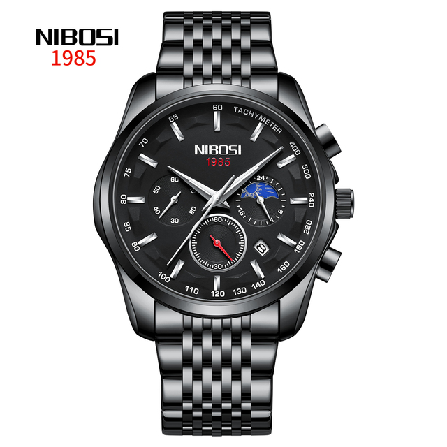 NIBOSI 2319 Classic Luxury Brand Watches Black Stainless Steel Male Analog Clock Waterproof Quartz Men Wrist Watch