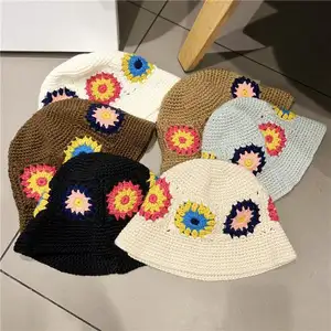 YKH หมวกไหมพรมแฟชั่นสำหรับผู้หญิง,หมวกทรงถังถักหมวกอาบแดดเดินชายหาดลายดอกไม้แฮนด์เมดสำหรับฤดูร้อน