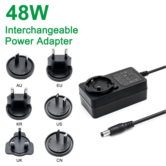 48W Fireproof DC Power Adapter with Type-C Fast Charging Interchangeable UK US EU Plugs for Medical Devices