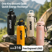 Bouteille d'eau sport isotherme en acier inoxydable 316 de 600 ml avec logo personnalisé, motif dessin animé, poignée mousqueton, cadeau pour la randonnée, le camping et le fitness