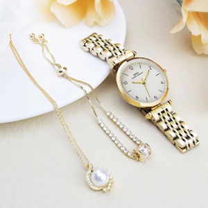 Ensemble de montres pour femmes de luxe en 3 pièces, montre en acier inoxydable doré à quartz, collier avec pendentif en perle et bracelet en cristal, ensemble cadeau élégant - Product Image 3