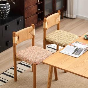 Chaise de salle à manger en bois massif avec assise rembourrée et dossier en corde, pour salon et salle à manger - Product Image 4