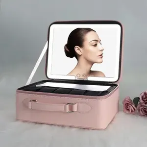 Large Capacity Portable Travel Makeup Storage Bag Fashion Cosmetic Box PU Makeup Bag With Led Mirror