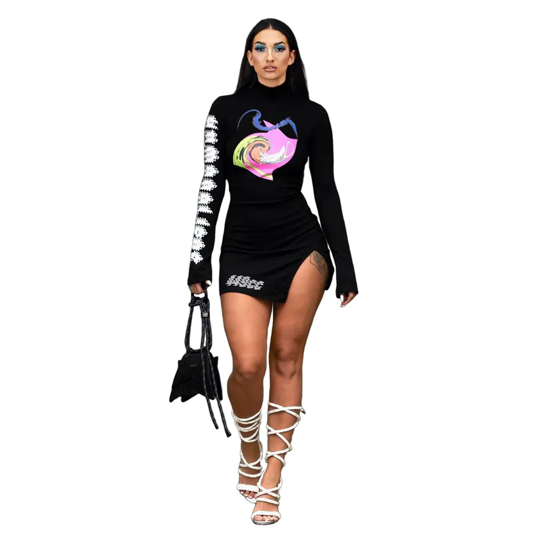 Hot Selling Modern Spring Fashionable Modern Young Lucky Label Lady Tracksuit Sexy Modern Bodycon Black Culture Dress