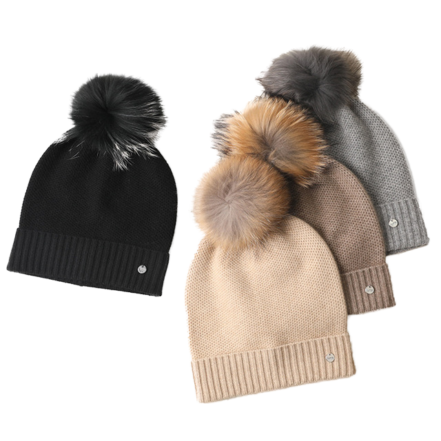 Krown Cashmere Mongolia Luxury Design Striped Pompom Knitted Beanie Cap Winter Hat with Fur Common Women's